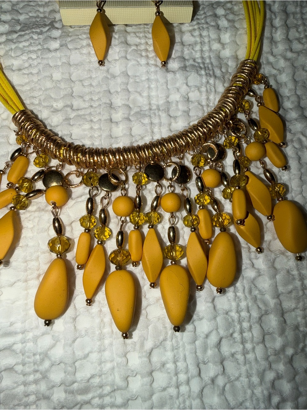Yellow Statement Beaded Fringe Necklace and Earrings Set